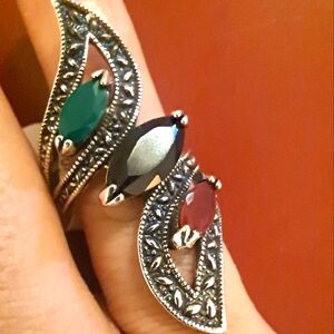 Large Steel Ring with Red, Black, and Green Stone!  Beautiful Ring!